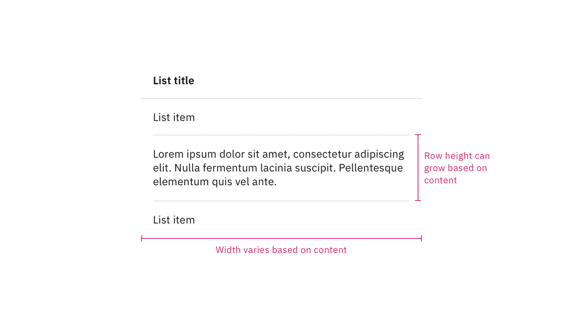 Structure and spacing measurements for height and width of row content. Structure and spacing measurements for height and width of row content.