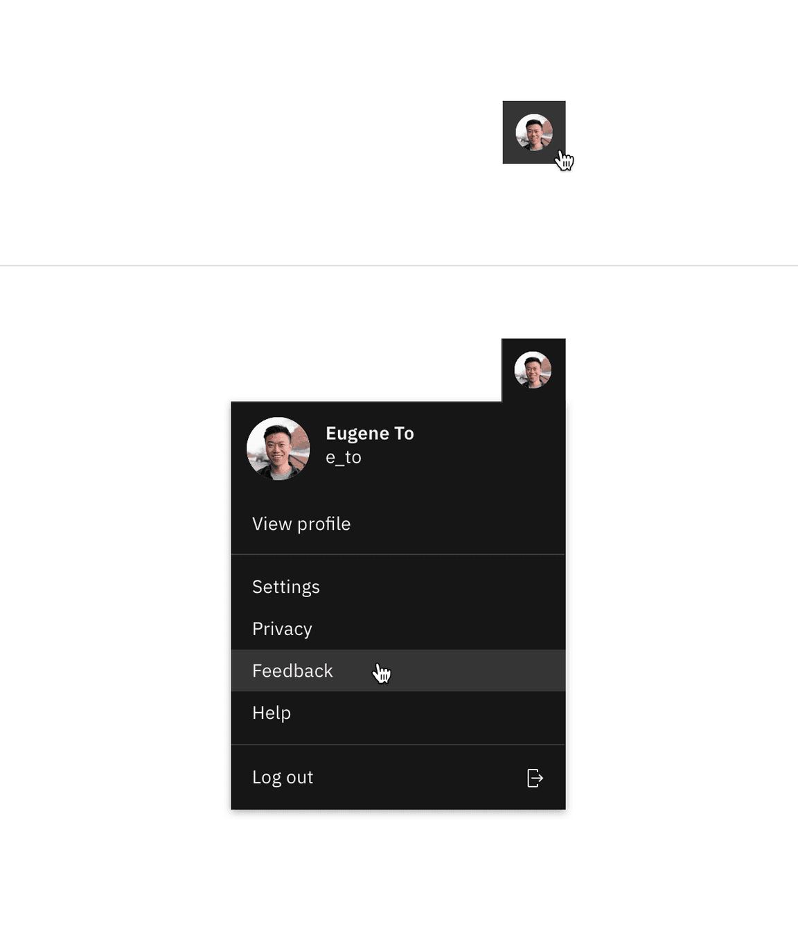 Example of a closed and opened profile menu. Example of a closed and opened profile menu.