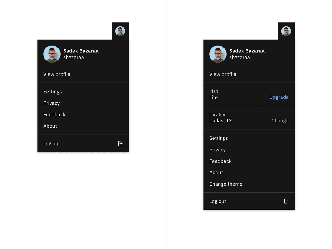 Example of a simple and complex profile menu. Example of a simple and complex profile menu.